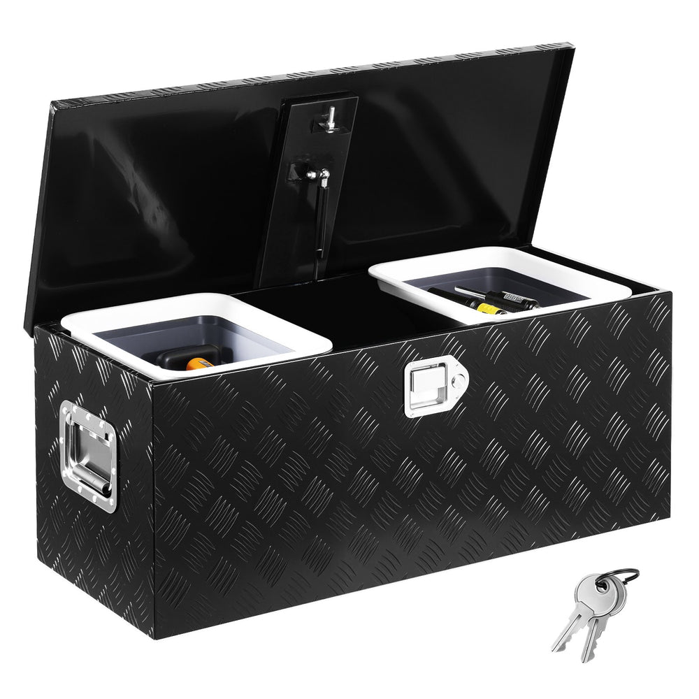 VEVOR Heavy Duty Aluminum Truck Bed Tool Box, Stripes Plated Tool Box with Sliding Shelf, Side Handle, Lock & Keys, Storage Toolbox Chest for Trailer, Pickup, 35.4"x14.6"x14.6"(899x370x370mm), Black