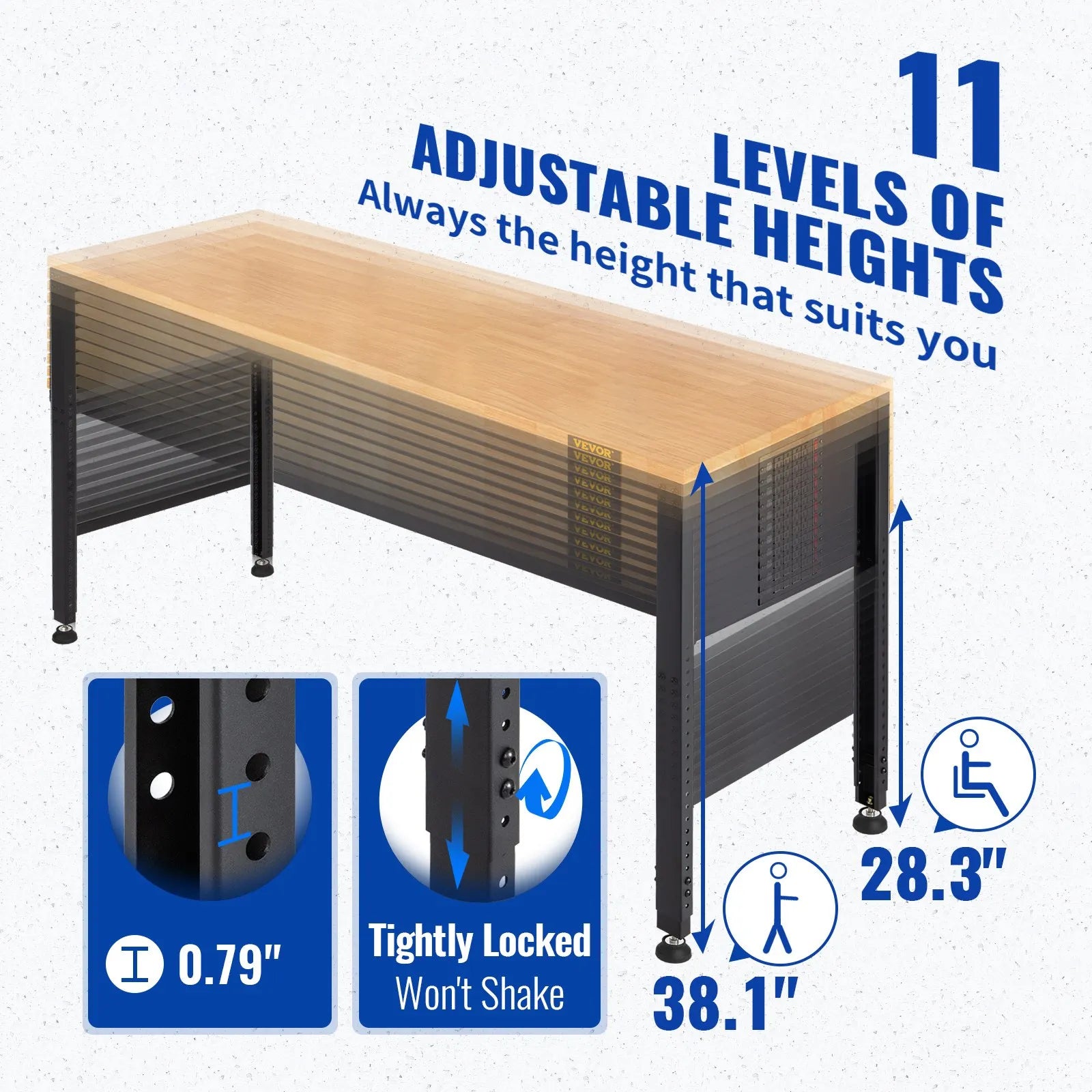 VEVOR Adjustable Height Workbench 121.9 cm L x 50.8 cm W Work Bench Table with Power Outlet