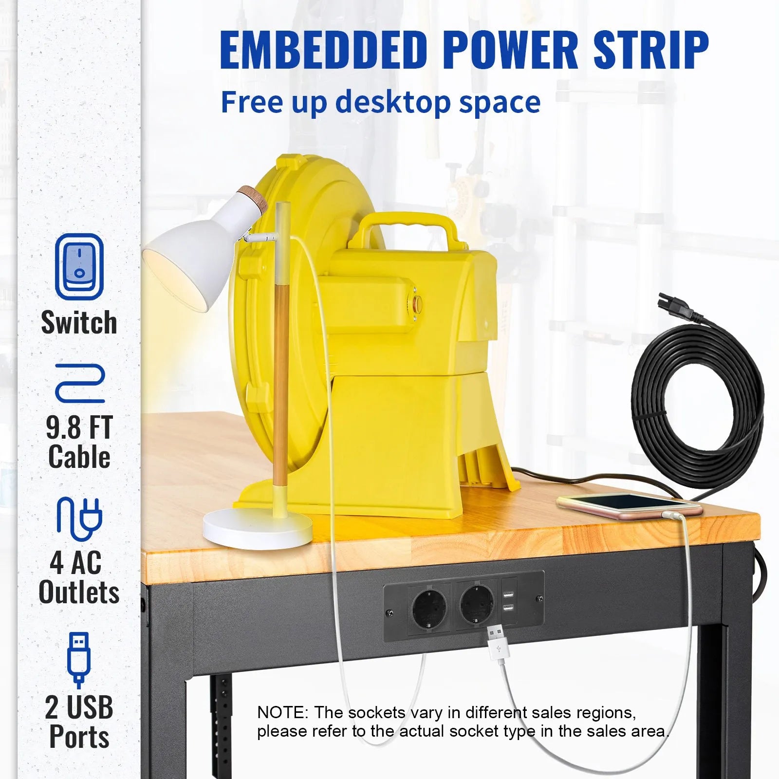 VEVOR Adjustable Height Workbench 121.9 cm L x 50.8 cm W Work Bench Table with Power Outlet