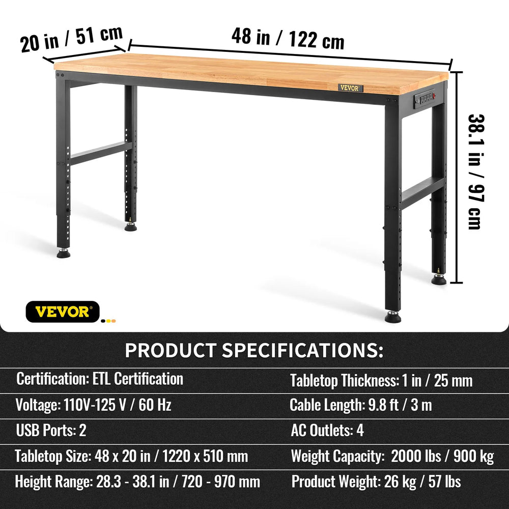 VEVOR Adjustable Height Workbench 121.9 cm L x 50.8 cm W Work Bench Table with Power Outlet