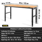 VEVOR Adjustable Height Workbench 121.9 cm L x 50.8 cm W Work Bench Table with Power Outlet