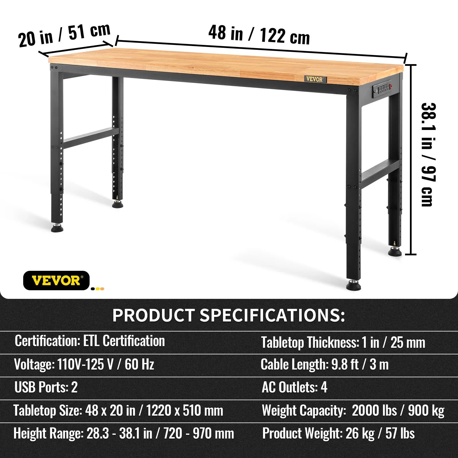 VEVOR Adjustable Height Workbench 121.9 cm L x 50.8 cm W Work Bench Table with Power Outlet