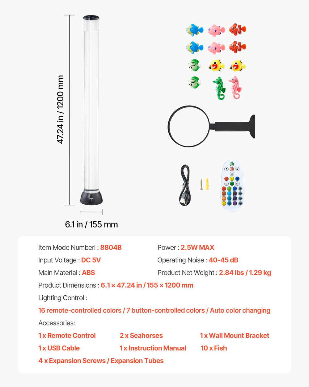 VEVOR Bubble Tube Lamp 16 Color 120 cm Sensory Aquarium Lamp for Relief Calming