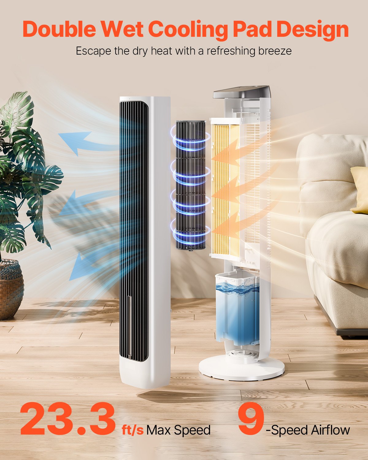 VEVOR Tower Fan, 23.3ft/s Velocity Quiet Floor Fan, 70° Oscillating Fans for Indoors with 9 Speeds, 4 Modes, 24H Timer, Portable Standing Bladeless Fan with Remote Control for Bedroom, Office, Home