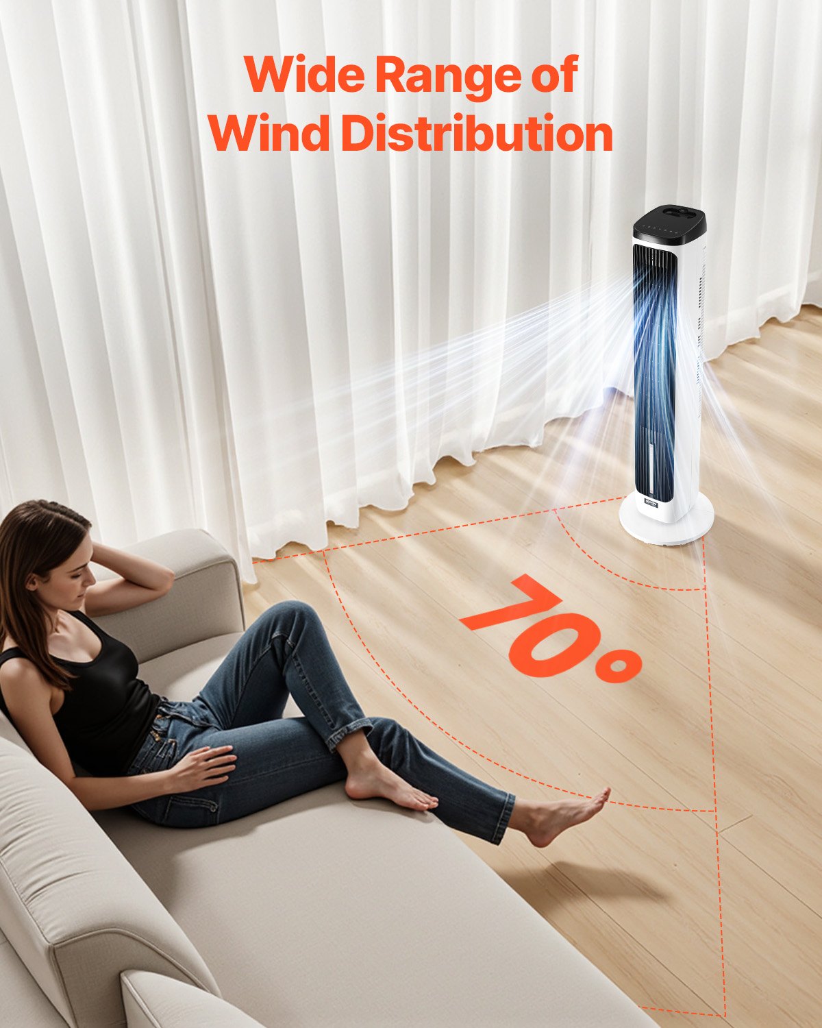 VEVOR Tower Fan, 23.3ft/s Velocity Quiet Floor Fan, 70° Oscillating Fans for Indoors with 9 Speeds, 4 Modes, 24H Timer, Portable Standing Bladeless Fan with Remote Control for Bedroom, Office, Home