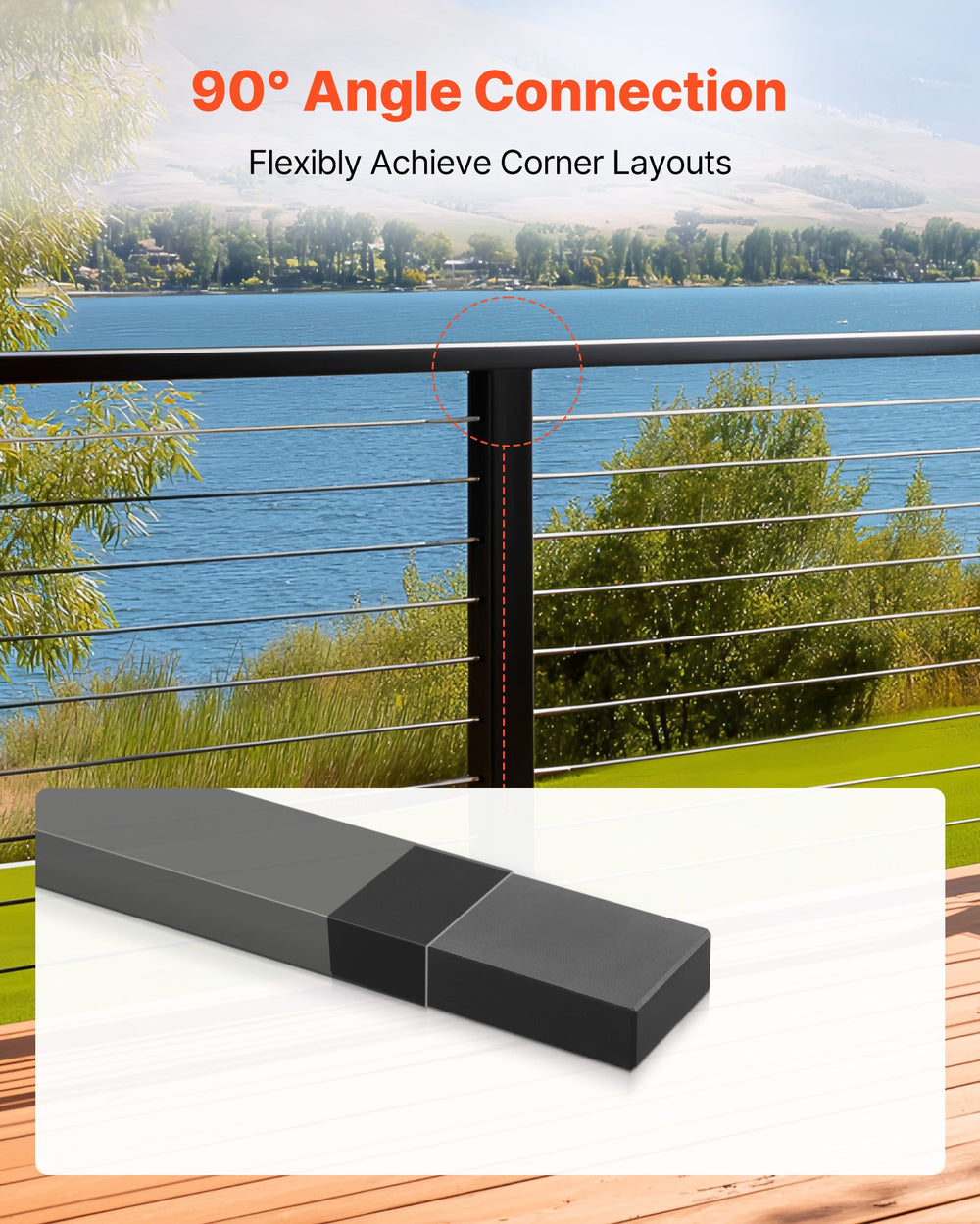 VEVOR 2 Pack Handrail Connectors, Flat Extension Stair Railing Accessories, POM Hand Rail Connector Fittings for Rectangular Cable Railing, Deck Cable Rail System Outdoor, Matte Black, HT-04