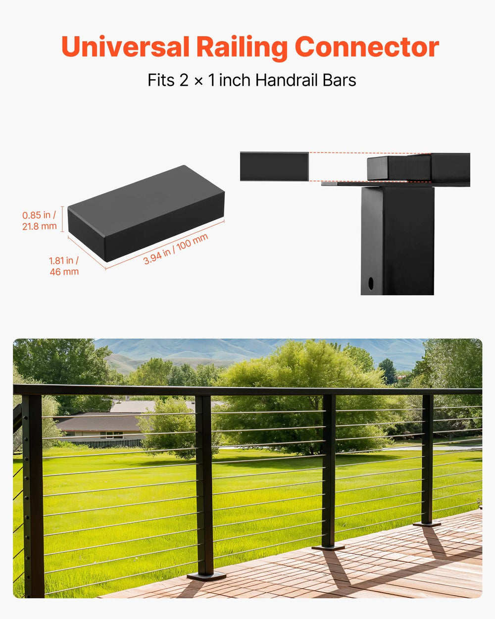 VEVOR 2 Pack Handrail Connectors, Flat Extension Stair Railing Accessories, POM Hand Rail Connector Fittings for Rectangular Cable Railing, Deck Cable Rail System Outdoor, Matte Black, HT-04
