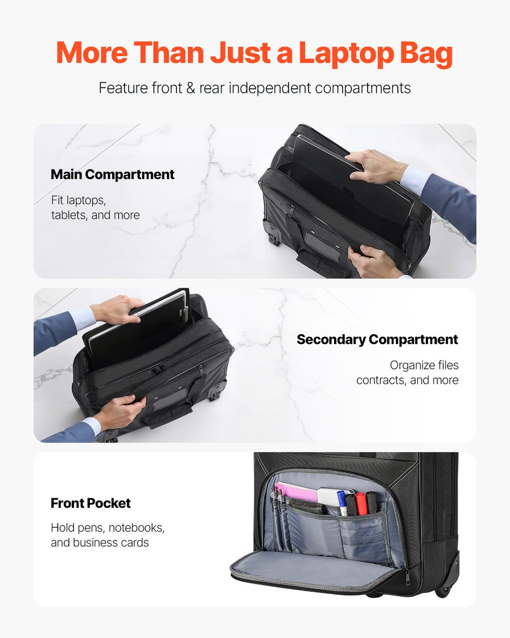 VEVOR Rolling Laptop Bag 15.6 Inch(39.6cm) Wheeled Computer Bag for Women & Men Black
