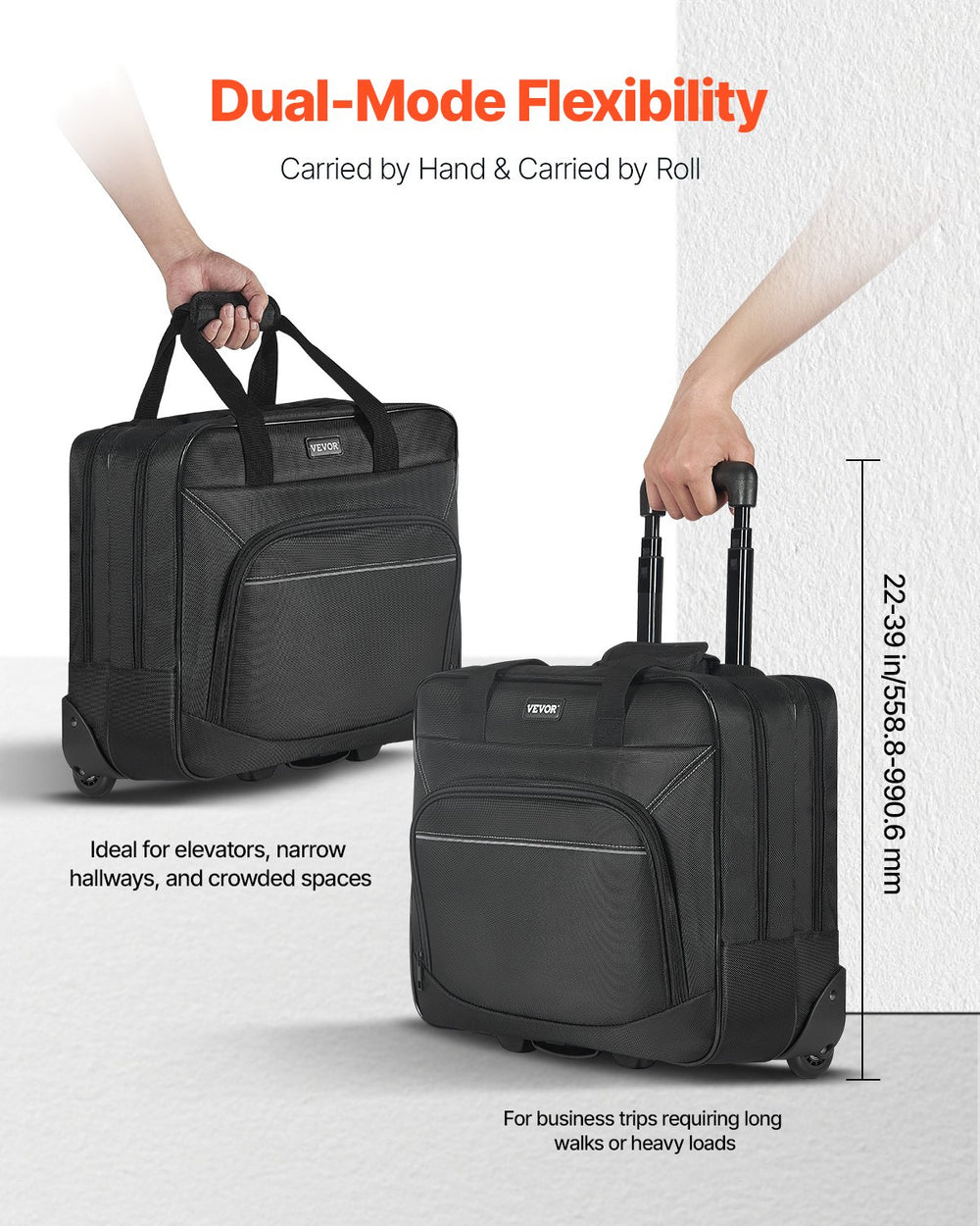 VEVOR Rolling Laptop Bag 15.6 Inch(39.6cm) Wheeled Computer Bag for Women & Men Black