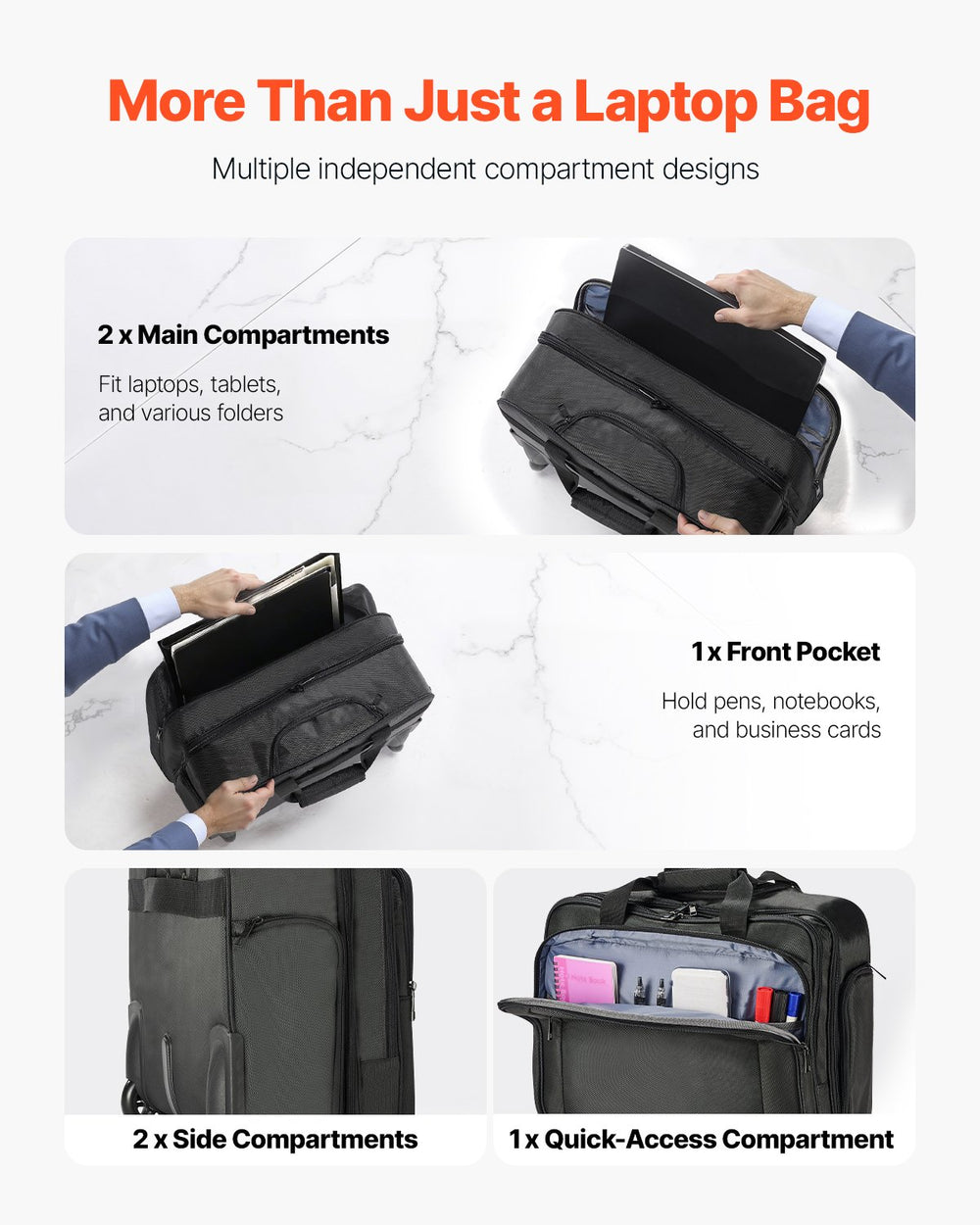 VEVOR Rolling Laptop Bag 17.3 Inch / 43,9 cm Wheeled Computer Bag for Women & Men Black