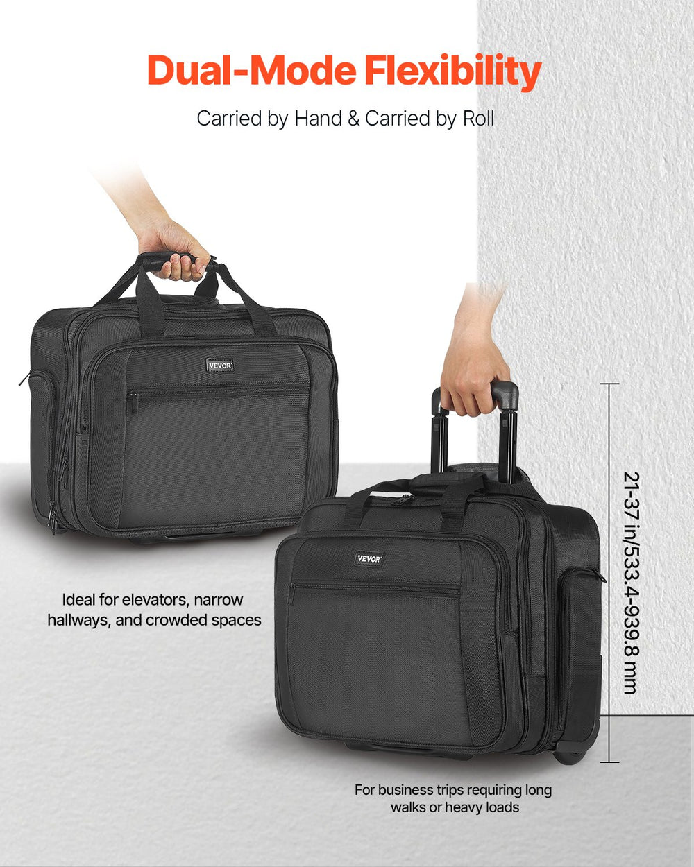VEVOR Rolling Laptop Bag 17.3 Inch / 43,9 cm Wheeled Computer Bag for Women & Men Black