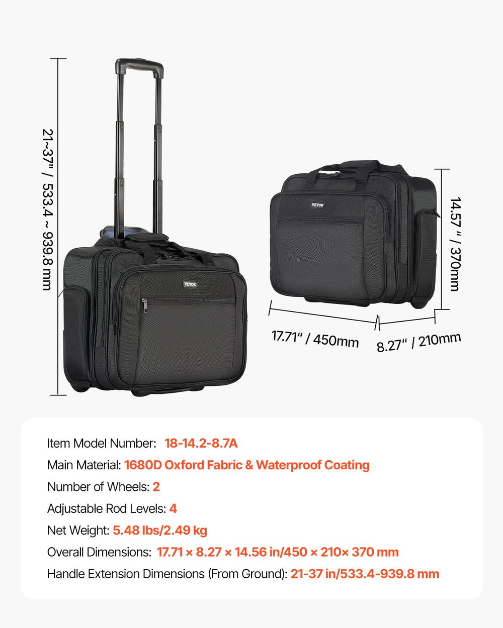 VEVOR Rolling Laptop Bag 17.3 Inch / 43,9 cm Wheeled Computer Bag for Women & Men Black