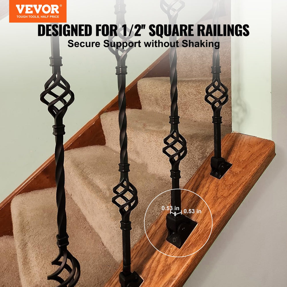 VEVOR Aluminum Alloy Baluster Shoes Square Balusters Baluster Wrought Spindles for Staircase Slant Shoes with Screw Holes for  1/2 Inch Staircase Balusters, Black (50 Pcs)(Screws Sold Separately)