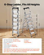 VEVOR 6 Step Ladder, Folding Step Stool with Wide Anti-Slip Pedal and Comfort Handgrip, 150 kg Capacity Portable Aluminum Stepladder, Multi-Use for Kitchen, Warehouse, Household and Office, Silver