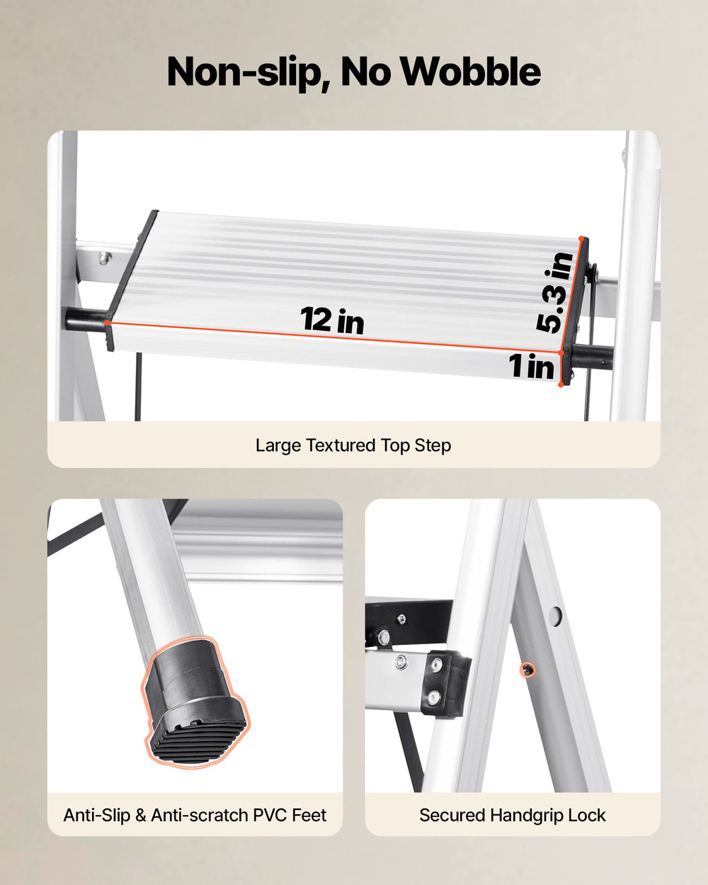 VEVOR 6 Step Ladder, Folding Step Stool with Wide Anti-Slip Pedal and Comfort Handgrip, 150 kg Capacity Portable Aluminum Stepladder, Multi-Use for Kitchen, Warehouse, Household and Office, Silver