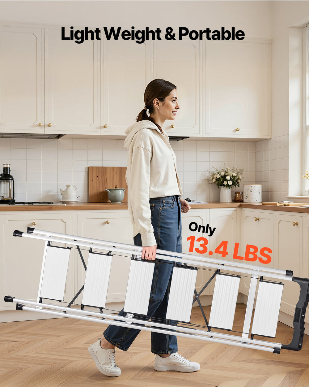 VEVOR 6 Step Ladder, Folding Step Stool with Wide Anti-Slip Pedal and Comfort Handgrip, 150 kg Capacity Portable Aluminum Stepladder, Multi-Use for Kitchen, Warehouse, Household and Office, Silver