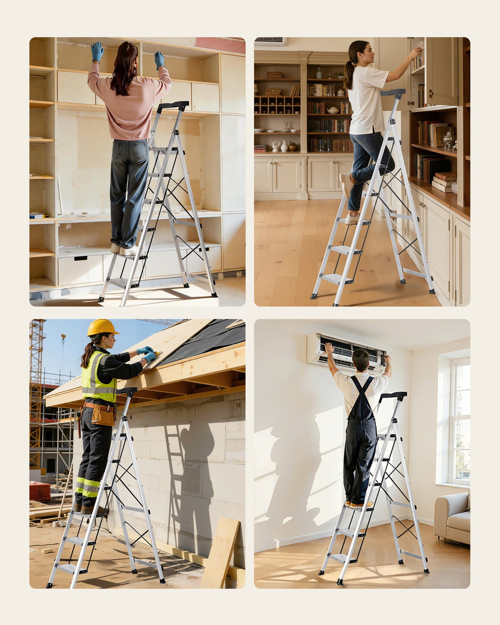 VEVOR 6 Step Ladder, Folding Step Stool with Wide Anti-Slip Pedal and Comfort Handgrip, 150 kg Capacity Portable Aluminum Stepladder, Multi-Use for Kitchen, Warehouse, Household and Office, Silver