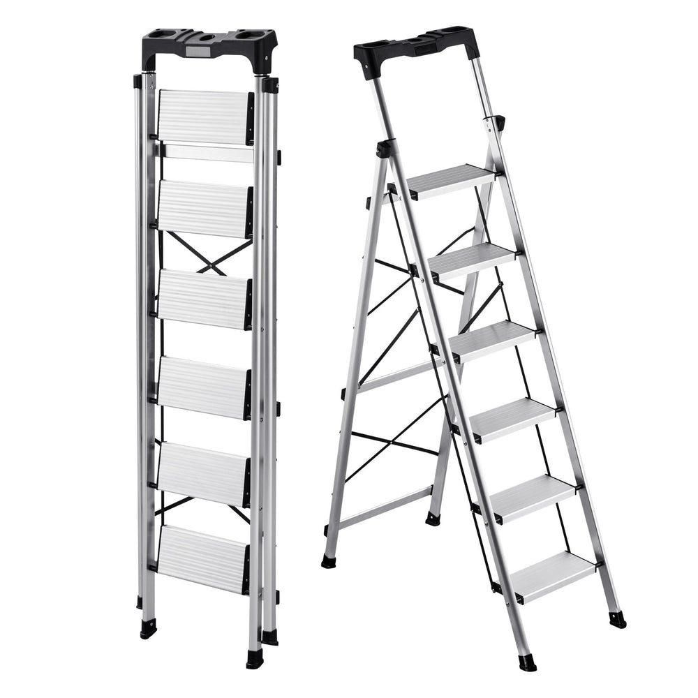 VEVOR 6 Step Ladder, Folding Step Stool with Wide Anti-Slip Pedal and Comfort Handgrip, 150 kg Capacity Portable Aluminum Stepladder, Multi-Use for Kitchen, Warehouse, Household and Office, Silver