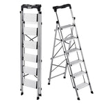 VEVOR 6 Step Ladder, Folding Step Stool with Wide Anti-Slip Pedal and Comfort Handgrip, 150 kg Capacity Portable Aluminum Stepladder, Multi-Use for Kitchen, Warehouse, Household and Office, Silver