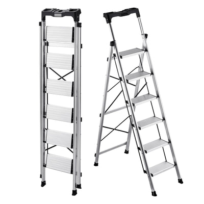 VEVOR 6 Step Ladder, Folding Step Stool with Wide Anti-Slip Pedal and Comfort Handgrip, 150 kg Capacity Portable Aluminum Stepladder, Multi-Use for Kitchen, Warehouse, Household and Office, Silver