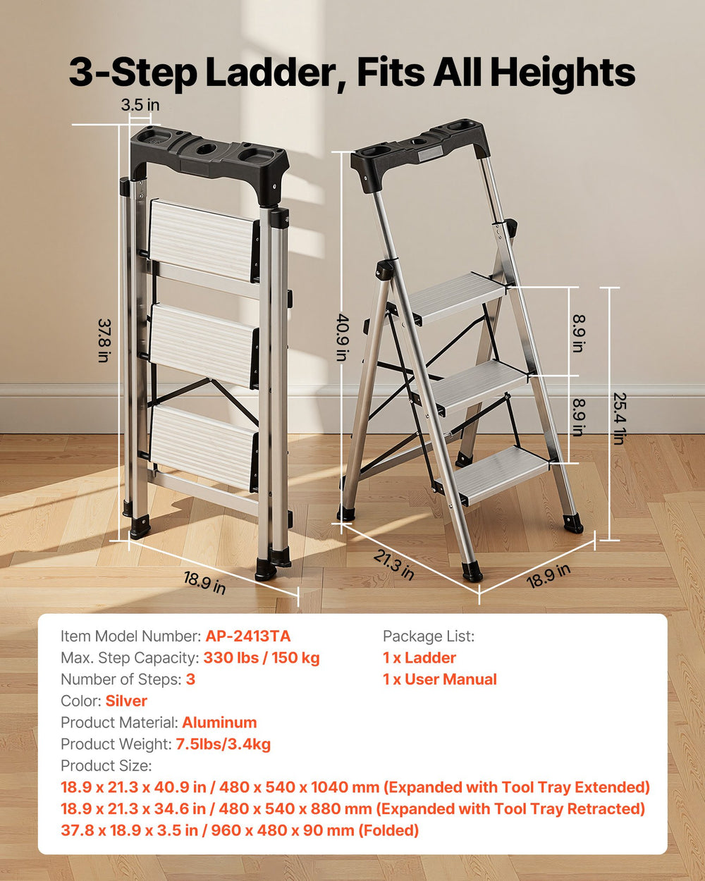 VEVOR 3 Step Ladder, Folding Step Stool with Wide Anti-Slip Pedal and Comfort Handgrip, 150 kg Capacity Portable Aluminum Stepladder, Multi-Use for Kitchen, Warehouse, Household and Office, Silver