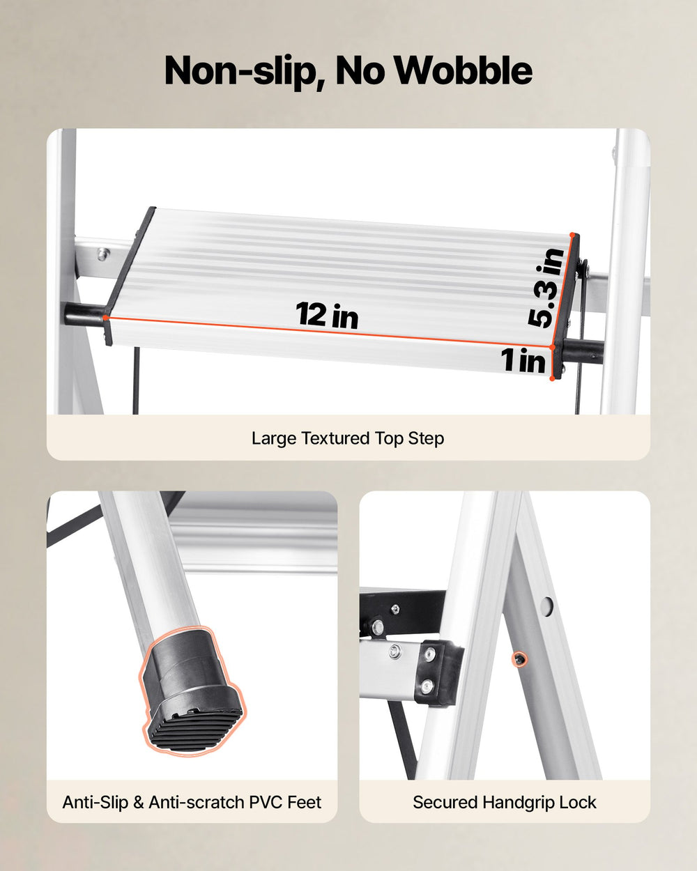 VEVOR 3 Step Ladder, Folding Step Stool with Wide Anti-Slip Pedal and Comfort Handgrip, 150 kg Capacity Portable Aluminum Stepladder, Multi-Use for Kitchen, Warehouse, Household and Office, Silver