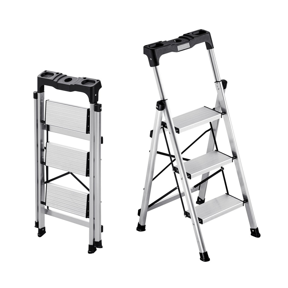 VEVOR 3 Step Ladder, Folding Step Stool with Wide Anti-Slip Pedal and Comfort Handgrip, 150 kg Capacity Portable Aluminum Stepladder, Multi-Use for Kitchen, Warehouse, Household and Office, Silver