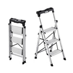 VEVOR 3 Step Ladder, Folding Step Stool with Wide Anti-Slip Pedal and Comfort Handgrip, 150 kg Capacity Portable Aluminum Stepladder, Multi-Use for Kitchen, Warehouse, Household and Office, Silver