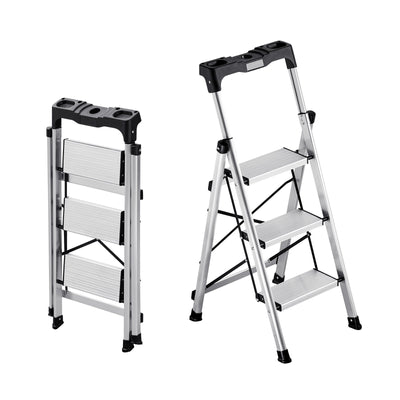 VEVOR 3 Step Ladder, Folding Step Stool with Wide Anti-Slip Pedal and Comfort Handgrip, 150 kg Capacity Portable Aluminum Stepladder, Multi-Use for Kitchen, Warehouse, Household and Office, Silver