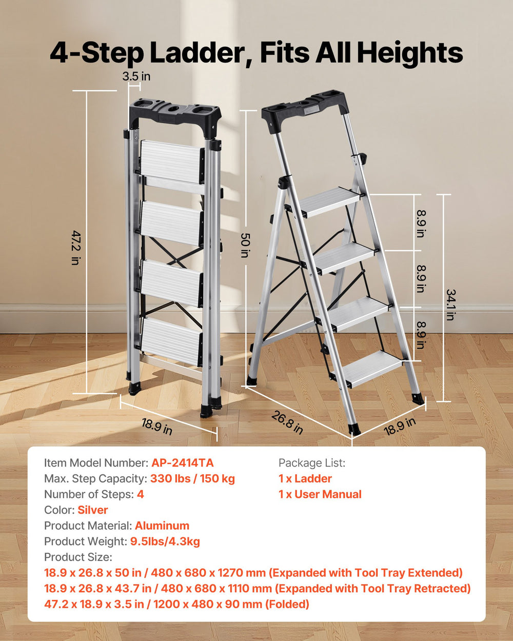 VEVOR 4 Step Ladder, Folding Step Stool with Wide Anti-Slip Pedal and Comfort Handgrip, 150 kg Capacity Portable Aluminum Stepladder, Multi-Use for Kitchen, Home, Warehouse and Office, Silver