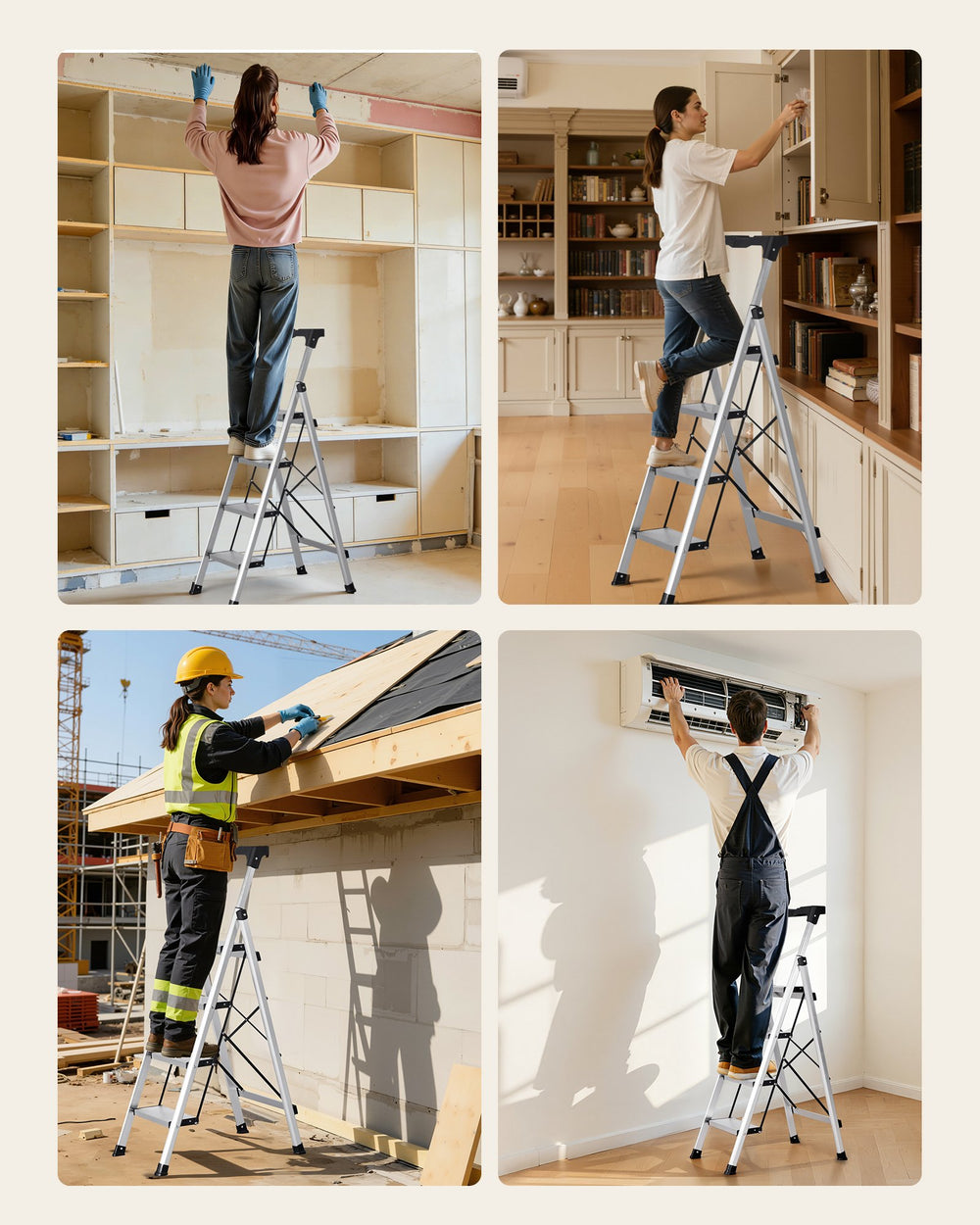 VEVOR 4 Step Ladder, Folding Step Stool with Wide Anti-Slip Pedal and Comfort Handgrip, 150 kg Capacity Portable Aluminum Stepladder, Multi-Use for Kitchen, Home, Warehouse and Office, Silver