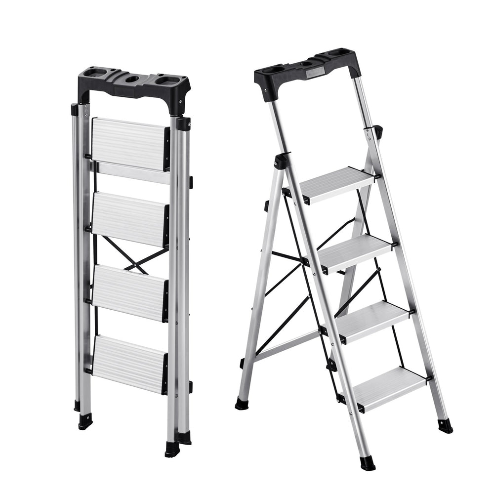 VEVOR 4 Step Ladder, Folding Step Stool with Wide Anti-Slip Pedal and Comfort Handgrip, 150 kg Capacity Portable Aluminum Stepladder, Multi-Use for Kitchen, Home, Warehouse and Office, Silver