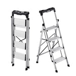 VEVOR 4 Step Ladder, Folding Step Stool with Wide Anti-Slip Pedal and Comfort Handgrip, 150 kg Capacity Portable Aluminum Stepladder, Multi-Use for Kitchen, Home, Warehouse and Office, Silver