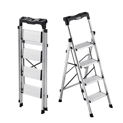VEVOR 4 Step Ladder, Folding Step Stool with Wide Anti-Slip Pedal and Comfort Handgrip, 150 kg Capacity Portable Aluminum Stepladder, Multi-Use for Kitchen, Home, Warehouse and Office, Silver