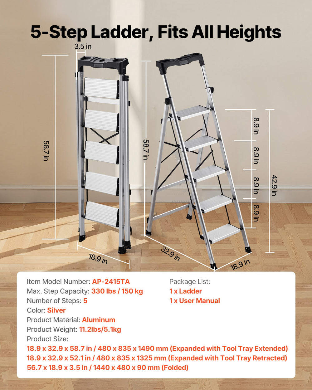 VEVOR 5 Step Ladder, Folding Step Stool with Wide Anti-Slip Pedal and Comfort Handgrip, 150 kg Capacity Portable Aluminum Stepladder, Multi-Use for Kitchen, Warehouse, Household and Office, Silver