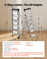 VEVOR 5 Step Ladder, Folding Step Stool with Wide Anti-Slip Pedal and Comfort Handgrip, 150 kg Capacity Portable Aluminum Stepladder, Multi-Use for Kitchen, Warehouse, Household and Office, Silver