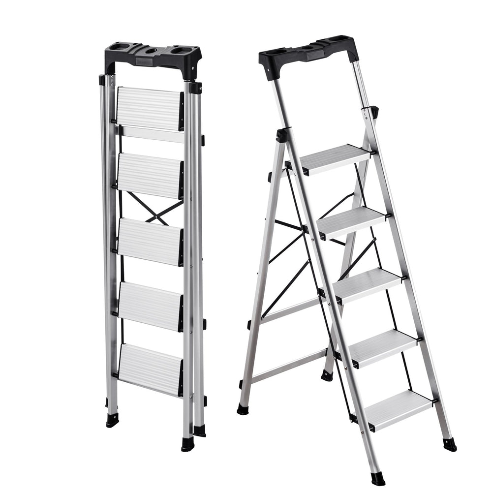VEVOR 5 Step Ladder, Folding Step Stool with Wide Anti-Slip Pedal and Comfort Handgrip, 150 kg Capacity Portable Aluminum Stepladder, Multi-Use for Kitchen, Warehouse, Household and Office, Silver