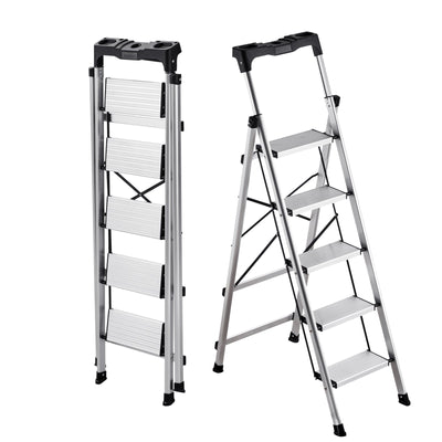 VEVOR 5 Step Ladder, Folding Step Stool with Wide Anti-Slip Pedal and Comfort Handgrip, 150 kg Capacity Portable Aluminum Stepladder, Multi-Use for Kitchen, Warehouse, Household and Office, Silver