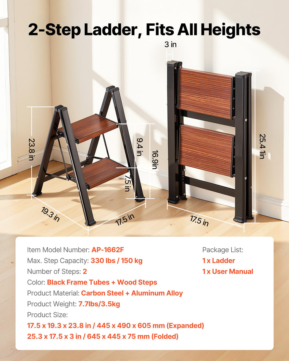 VEVOR 2 Step Ladder, Folding Step Stool with Wide Anti-Slip Pedal and Comfort Handgrip, Lightweight 150 kg Capacity Portable Aluminum Plant Support, Multi-Use for Adults, Home Repairing, Cleaning