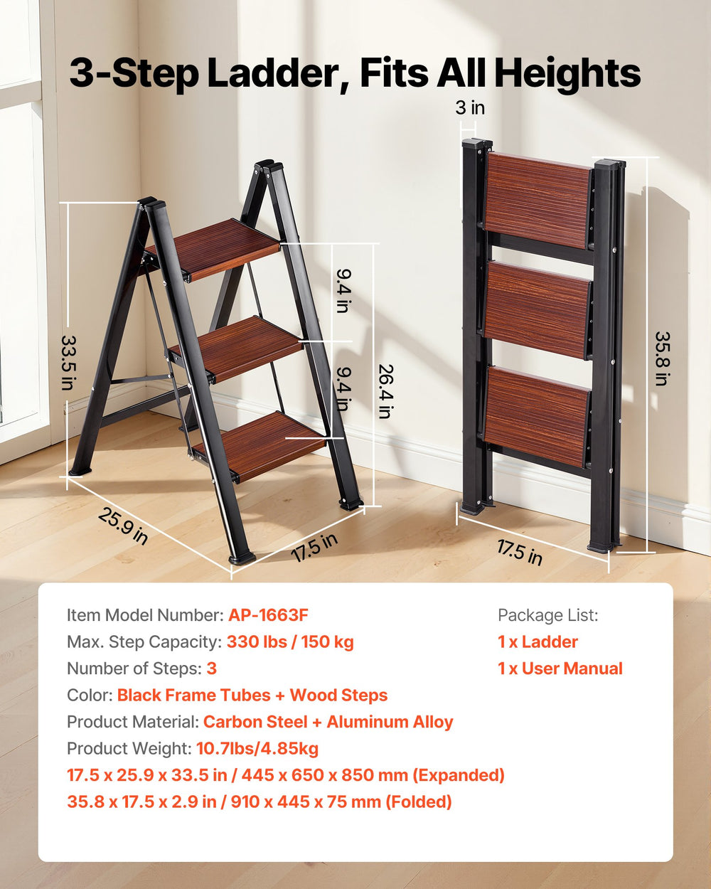 VEVOR 3 Step Ladder, Folding Step Stool with Wide Anti-Slip Pedal and Comfort Handgrip, Lightweight 150 kg Capacity Portable Aluminum Plant Support, Multi-Use for Adults, Home Repairing, Cleaning