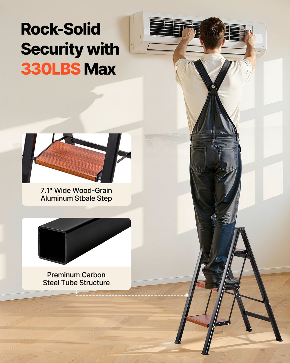 VEVOR 3 Step Ladder, Folding Step Stool with Wide Anti-Slip Pedal and Comfort Handgrip, Lightweight 150 kg Capacity Portable Aluminum Plant Support, Multi-Use for Adults, Home Repairing, Cleaning