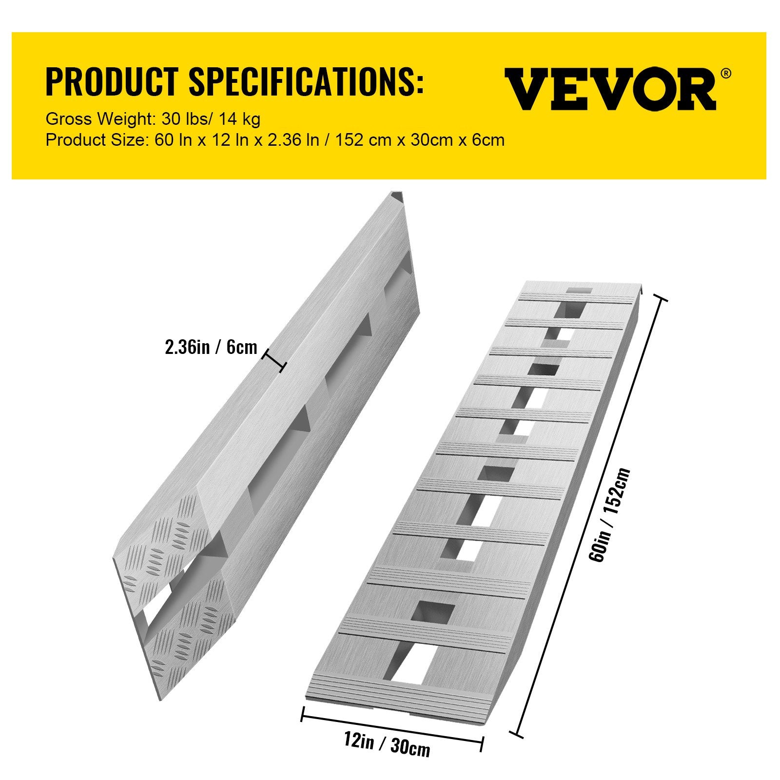VEVOR 152.4 x 30.5 cm Aluminum Trailer Ramps 2721.6 kg Total Beavertail Hook End 1 Pair 2 Ramps