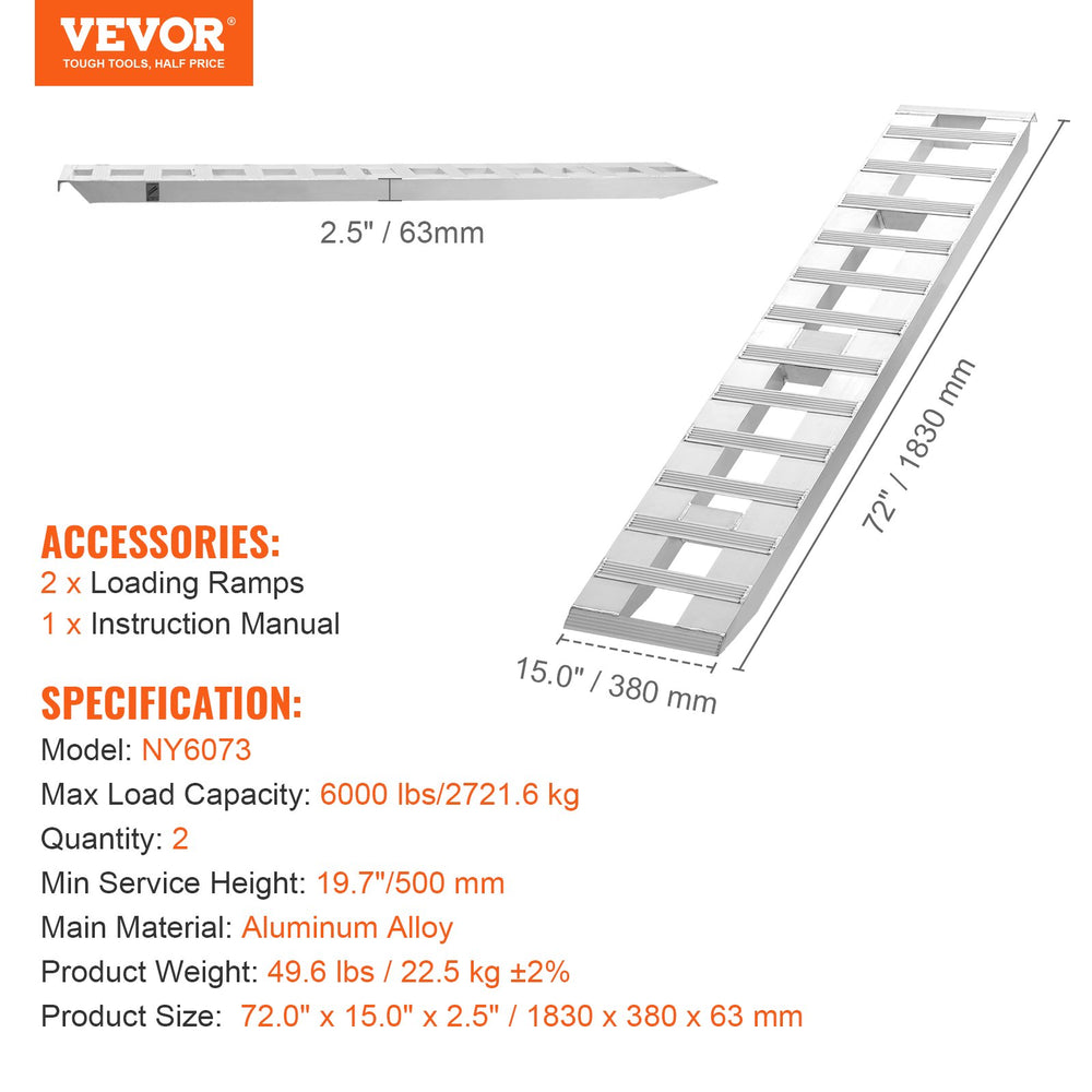 VEVOR 182.9x38.1 cm Aluminum Ramps 2721.6 kg Capacity Loading Ramps 2PCS
