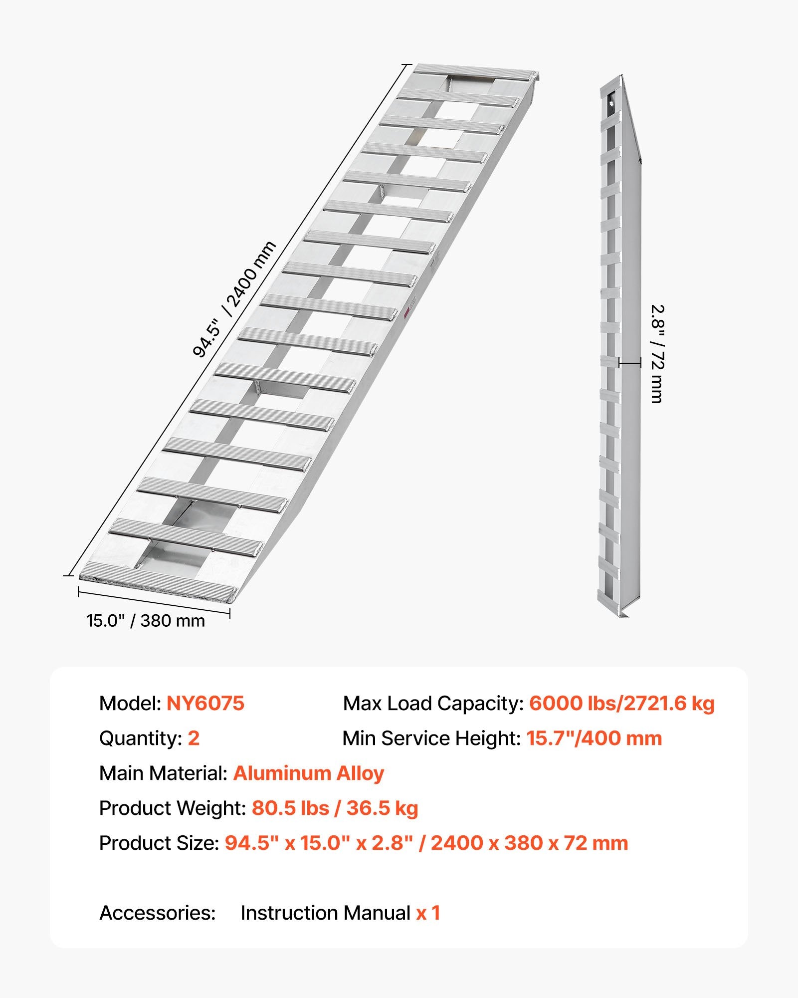 VEVOR Loading Ramps, 2 Pcs 2400 x 380 mm, Durable Aluminum and Heavy-Duty Trailer Ramp Set with Anti-Slip Plates, 2721.6 kg Combined Capacity, for Carts, Farm Tractors, ATVs, Lawn Mowers, Motorcycles