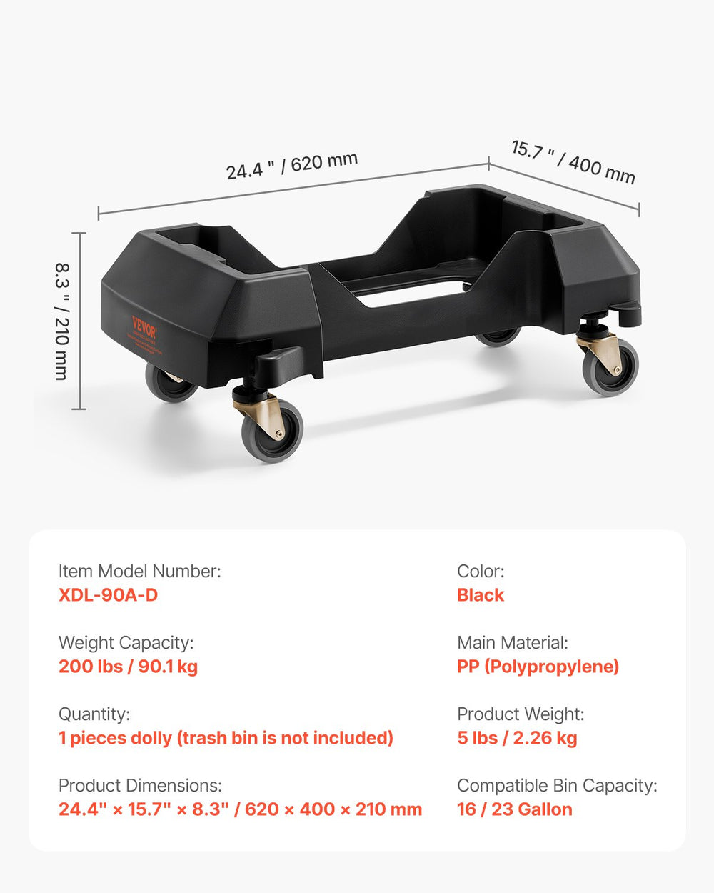 VEVOR Trash Can Dolly, Fit 16/23 Gallon Containers, Slim Trash Can Roller Base with 4 Lockable Wheels, 200lbs Weight Capacity, Heavy Duty Barrel Dolly, Smooth & Quiet Rolling Plastic Bin Dolly