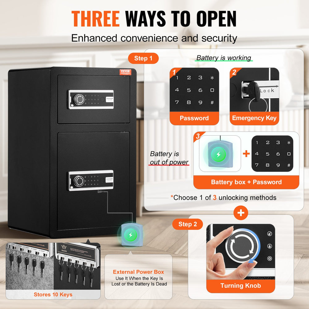 VEVOR Double Doors 4.5 cu.ft Safe Box with Key Lock & Password, Safe Lock Box with Fireproof Bag, Key Rack, LED Light and 2 Height Adjustable and Removable Divider for Money, Documents, Jewelry and Valuables, Black