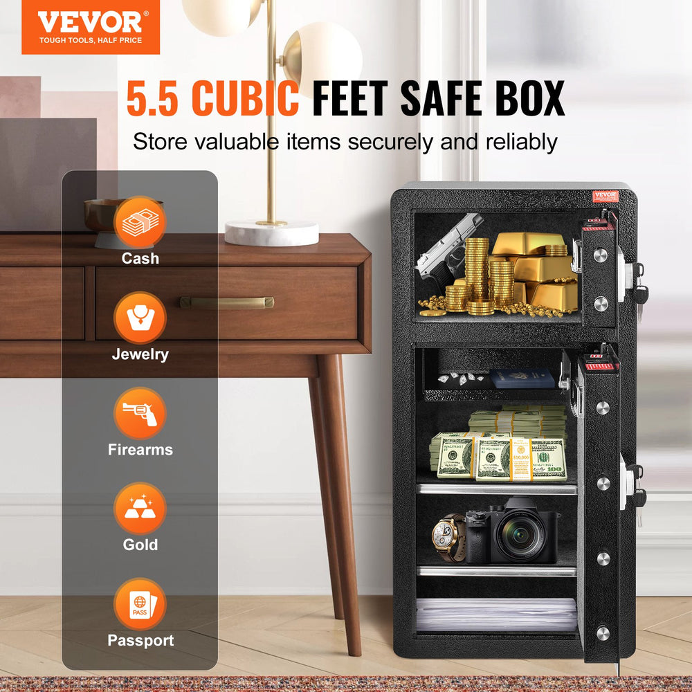 VEVOR Double Doors 5.5 cu.ft Safe Box with Key Lock & Password, Safe Lock Box with Fireproof Bag, Key Rack, LED Light, 2 Height Adjustable and Removable Divider and 1 Cabinet for Money, Documents, Jewelry and Valuables, Black
