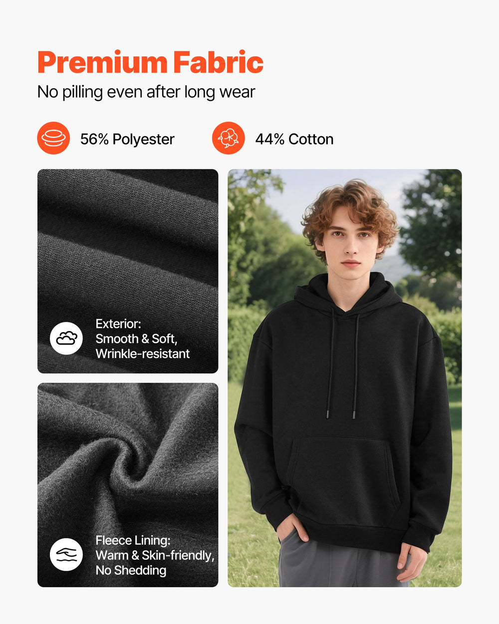 VEVOR Men Pullover Hoodie, Small Size, Fleece Long Sleeve Comfy Casual Basic Pullover Hooded Sweatshirt, Warm & Skin-friendly, Practical & Trendy, Black Hoodie with Large Pocket for Fall & Winter