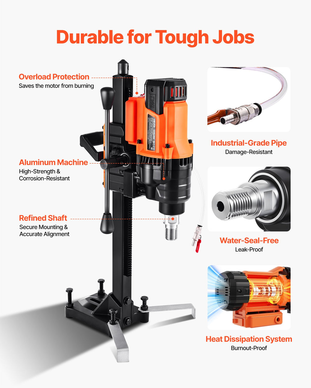 VEVOR Diamond Core Drilling Machine, 20-200 mm Drilling Diameter, Stand-Mount Dry and Wet Concrete Core Drill Rig with 8 Drill Bits, 850 RPM Speed, UNC1 1/4-7 Thread, for Concrete Brick Stone, 3000W