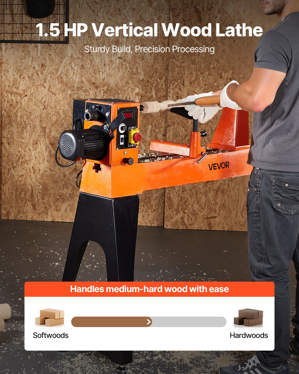 VEVOR Woodworking Lathe, 1100W / 1.5 HP, Wood Lathe Machine with 150 to 3200 RPM Variable Speed, 406 x 1020 mm Workbench, Brushless DC Motor, Cast Iron Body, Tool Rest, for Medium to Large Projects Woodworking